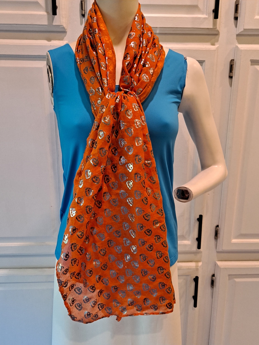 Bright Orange Scarf with Metallic Foil Print Jack-o-lantern Fall Halloween